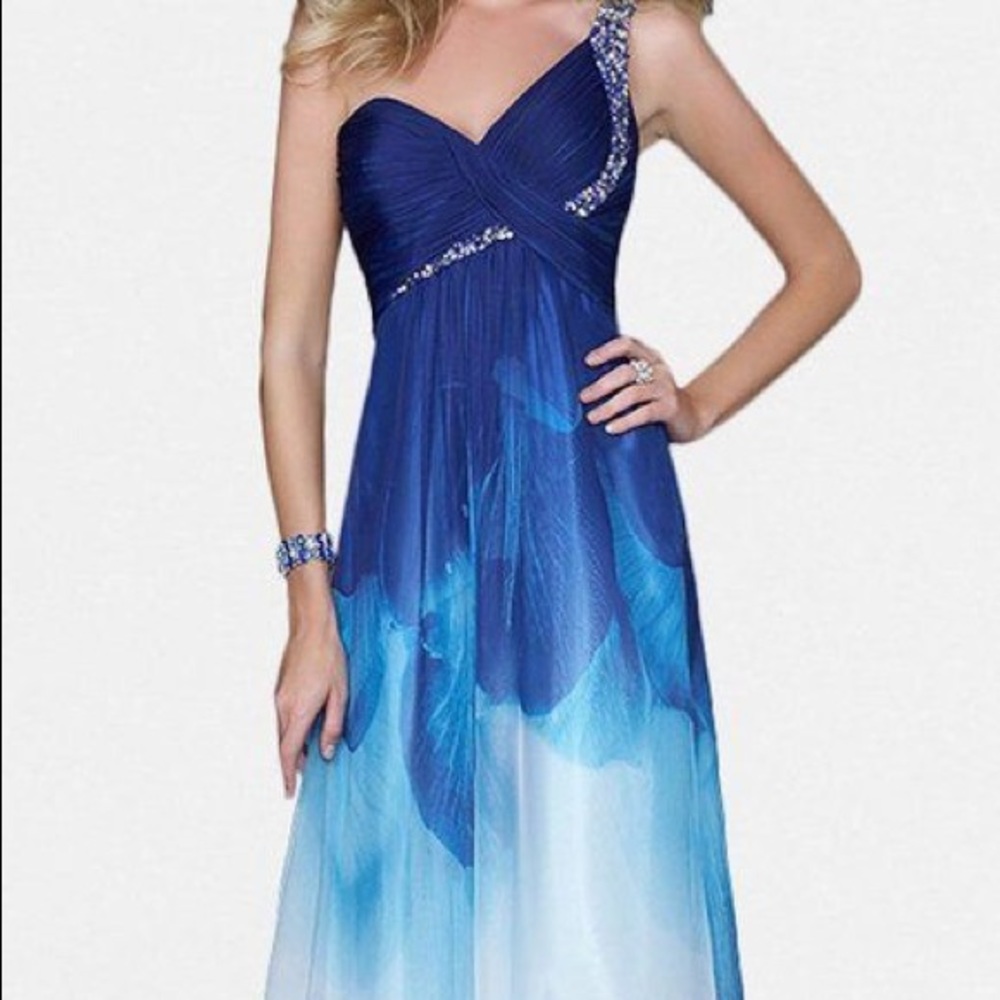 La Femme One Shoulder Blue Ombré Dress